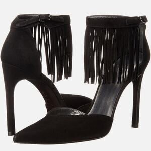 Stuart Weitzman Fringelica Fringe Suede Ankle Strap Pump Black Women Sz 7.5 M